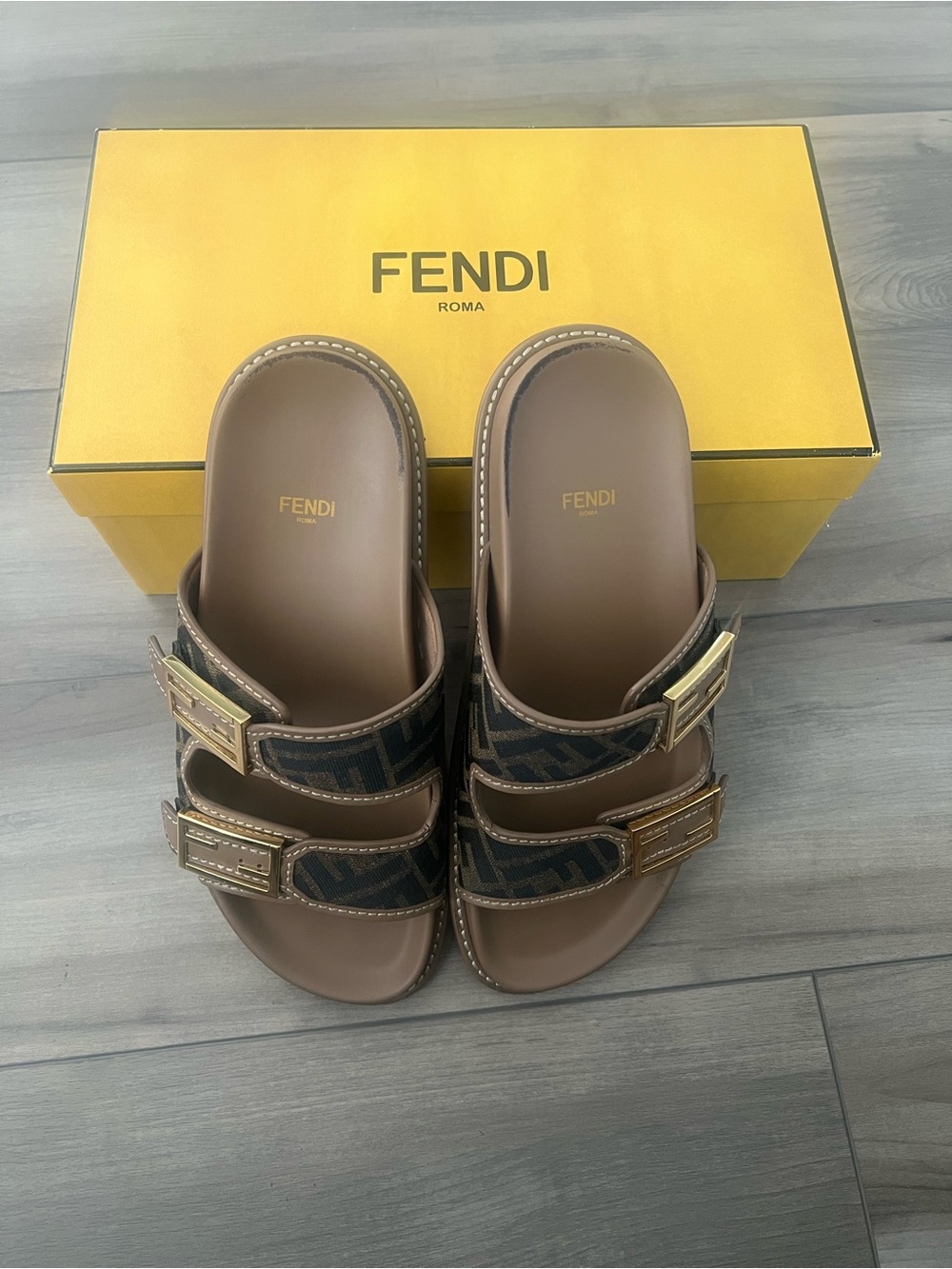 Fendi Brown & Black FF Jacquard Double-Buckle Slides - Picture 3 of 9